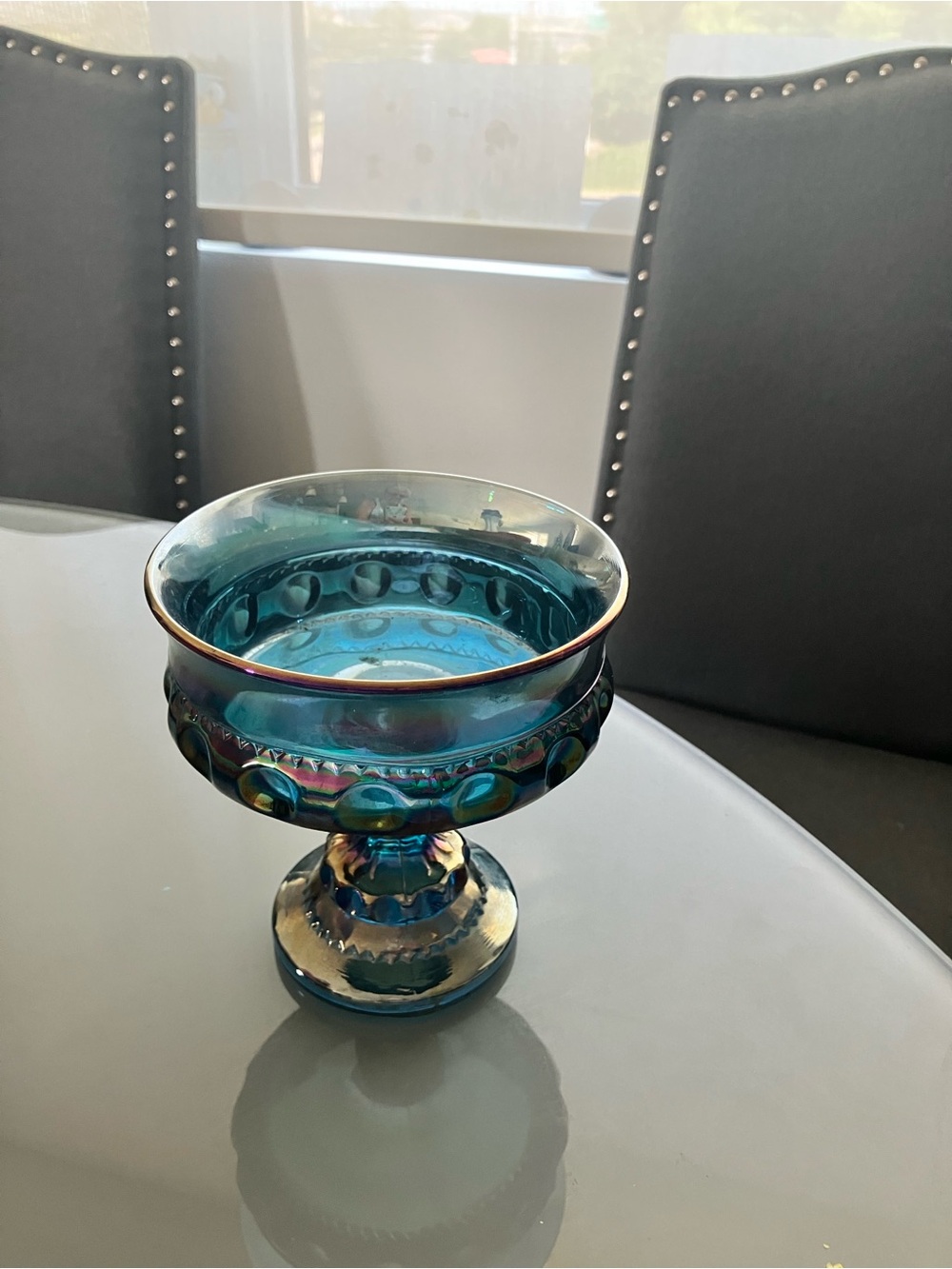 Iridescent Blue Carnival Glass Compote